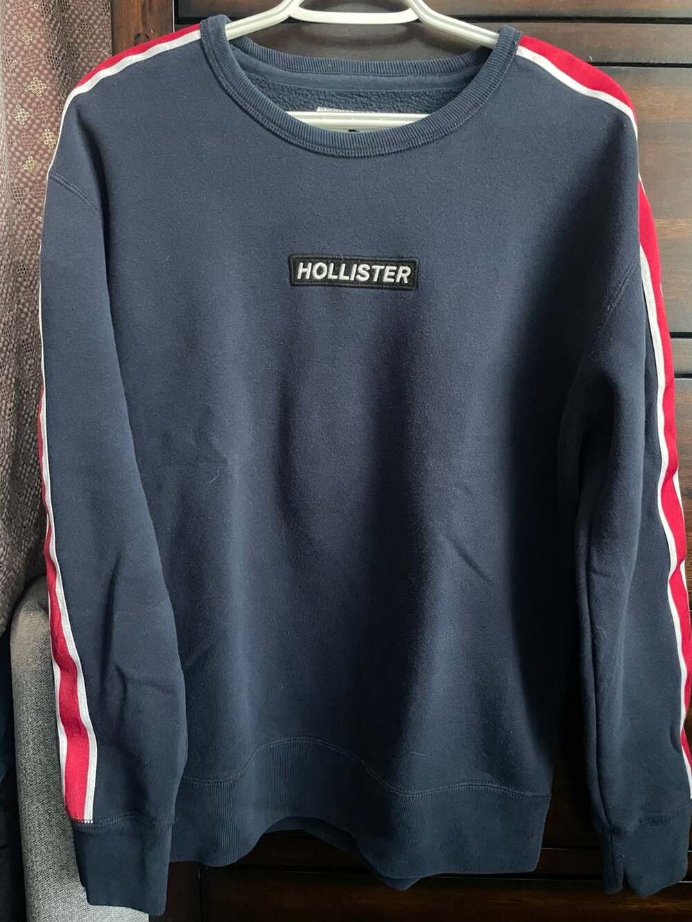 Hollister Navy Crewneck with Red and White Shoulder Stripes